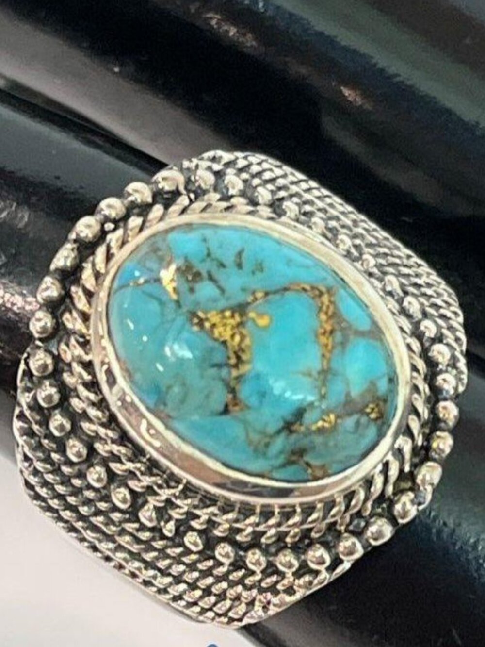 Silpada 925 Sterling Silver Turquois Cabochon Ball Bead/Rope Size 8 Ring